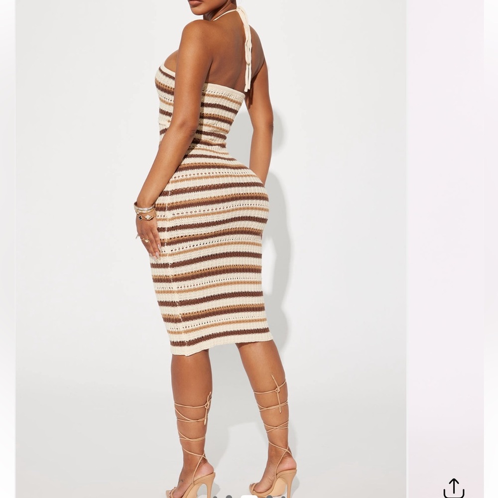 Fashion nova Brown and Cream Knitted and knotted crochet halter Midi Dress - Picture 3 of 10
